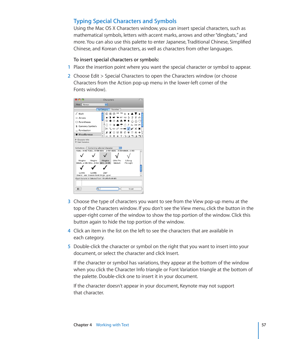 Typing special characters and symbols | Apple Keynote '09 User Manual | Page 57 / 247