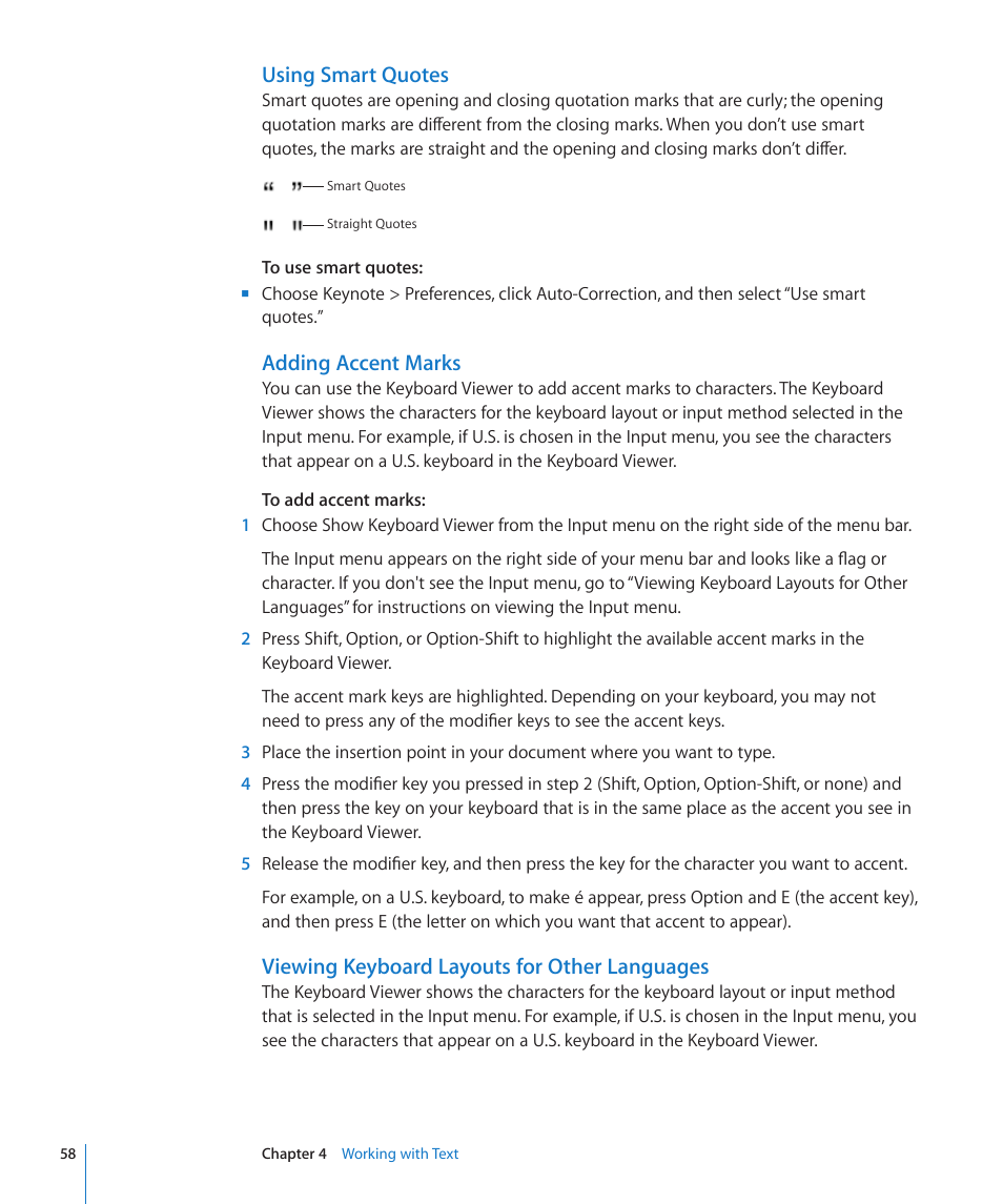 Using smart quotes, Adding accent marks, Viewing keyboard layouts for other languages | Apple Keynote '09 User Manual | Page 58 / 247