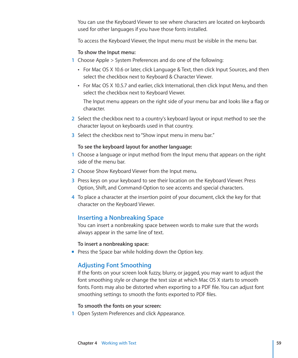 Inserting a nonbreaking space, Adjusting font smoothing | Apple Keynote '09 User Manual | Page 59 / 247