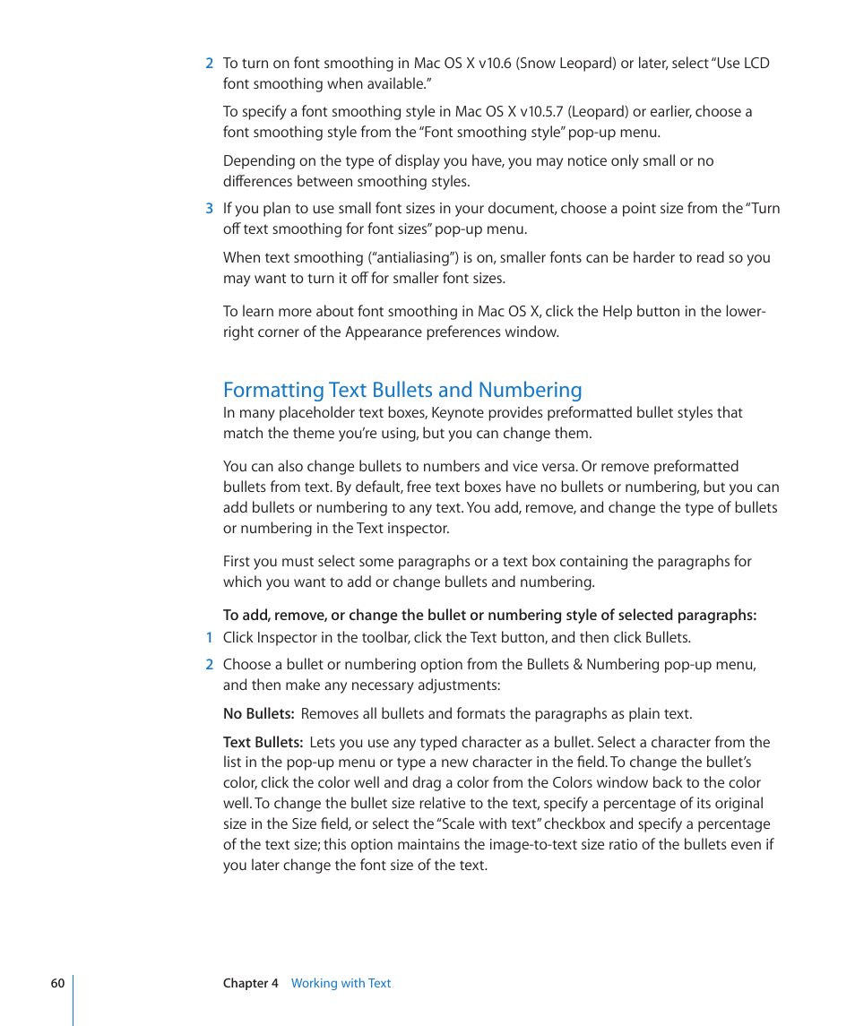 Formatting text bullets and numbering, 60 formatting text bullets and numbering | Apple Keynote '09 User Manual | Page 60 / 247