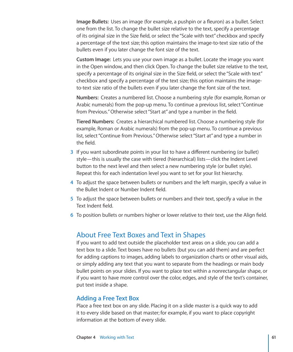 About free text boxes and text in shapes, Adding a free text box | Apple Keynote '09 User Manual | Page 61 / 247