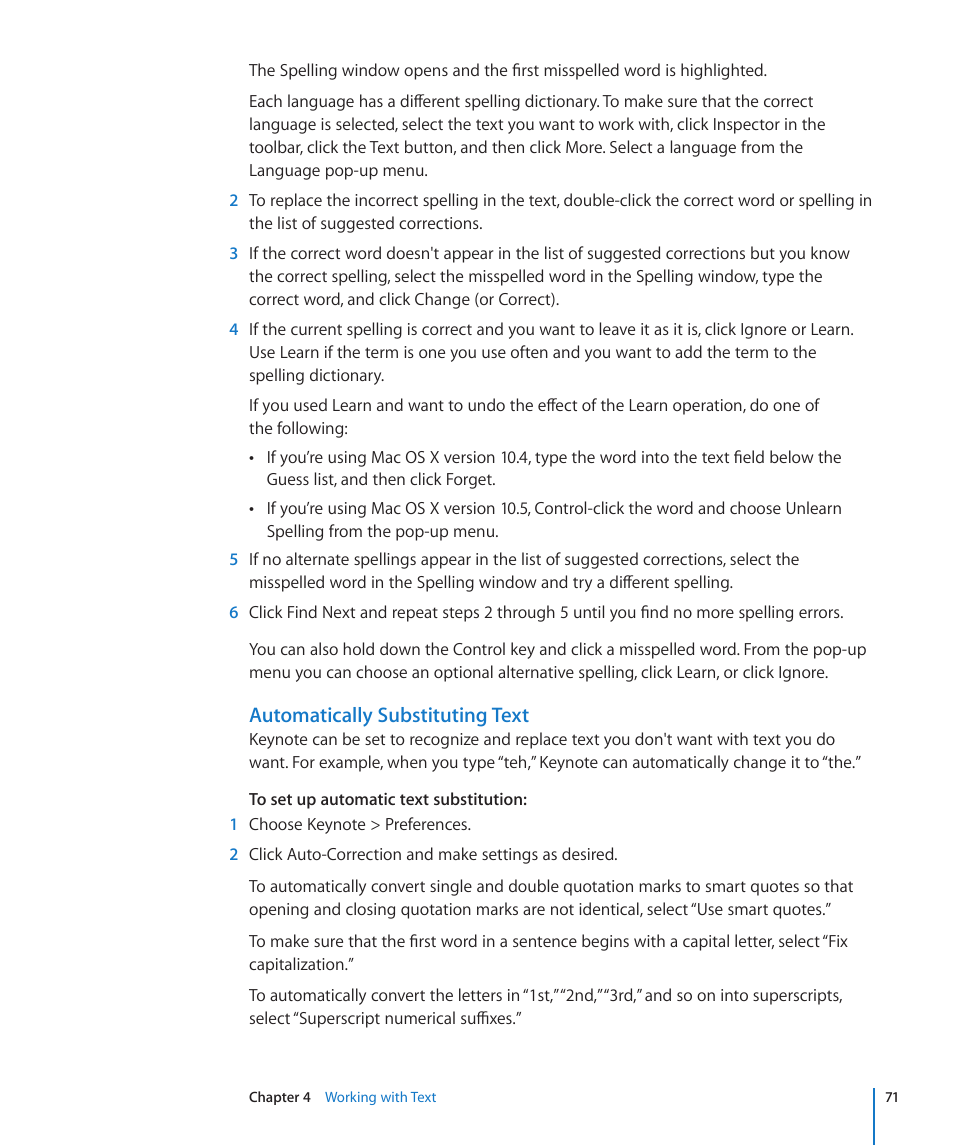 Automatically substituting text | Apple Keynote '09 User Manual | Page 71 / 247