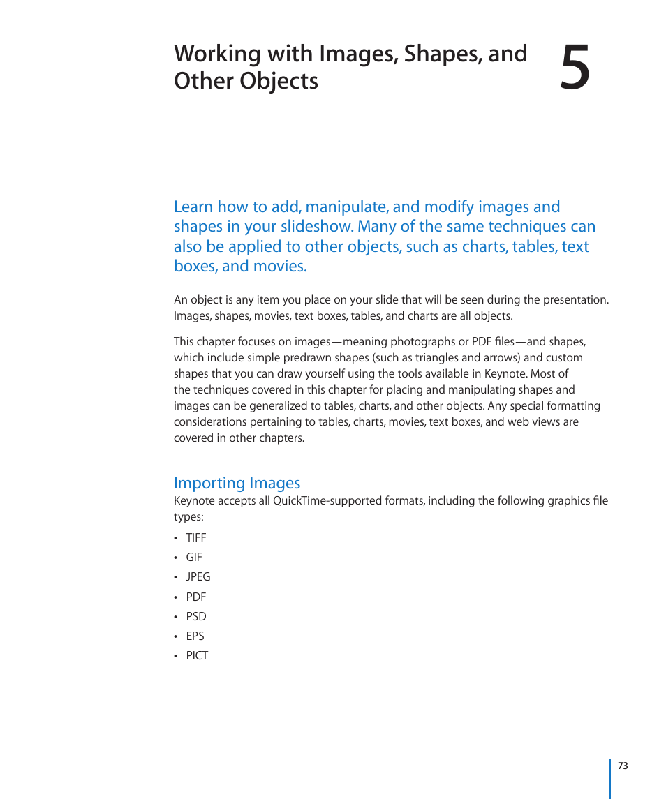 Importing images, 73 importing images, Working with images, shapes, and other objects | Apple Keynote '09 User Manual | Page 73 / 247