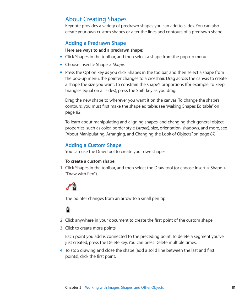 About creating shapes, Adding a predrawn shape, Adding a custom shape | 81 about creating shapes 81 | Apple Keynote '09 User Manual | Page 81 / 247
