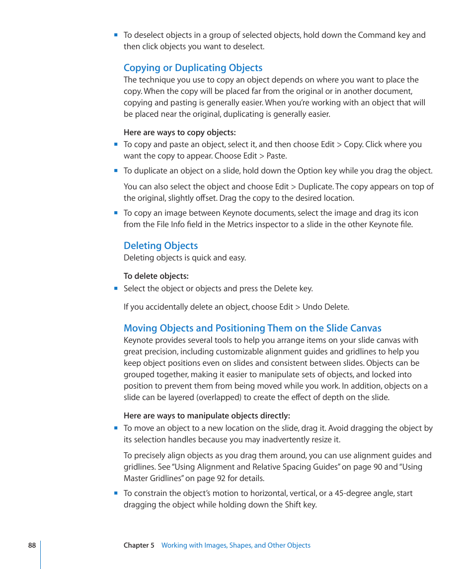 Copying or duplicating objects, Deleting objects | Apple Keynote '09 User Manual | Page 88 / 247
