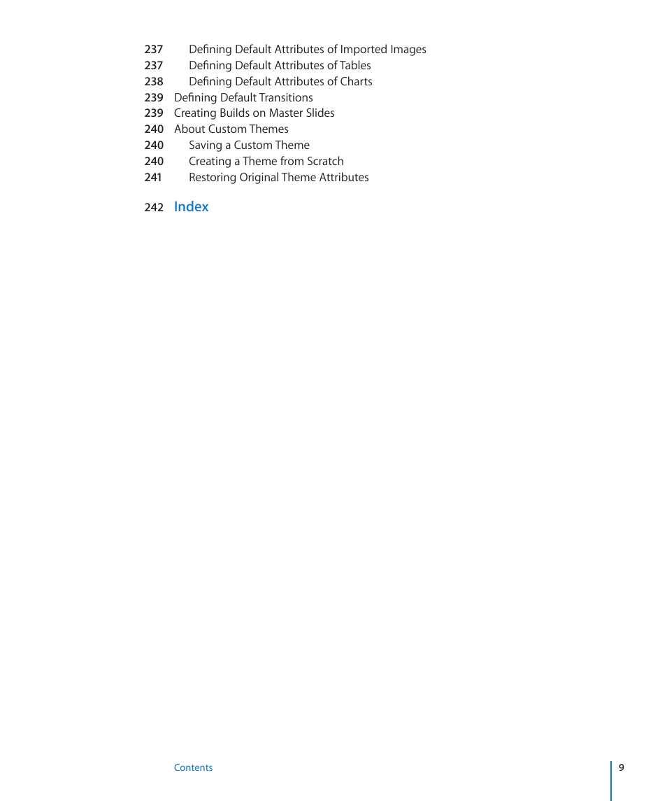 Index | Apple Keynote '09 User Manual | Page 9 / 247