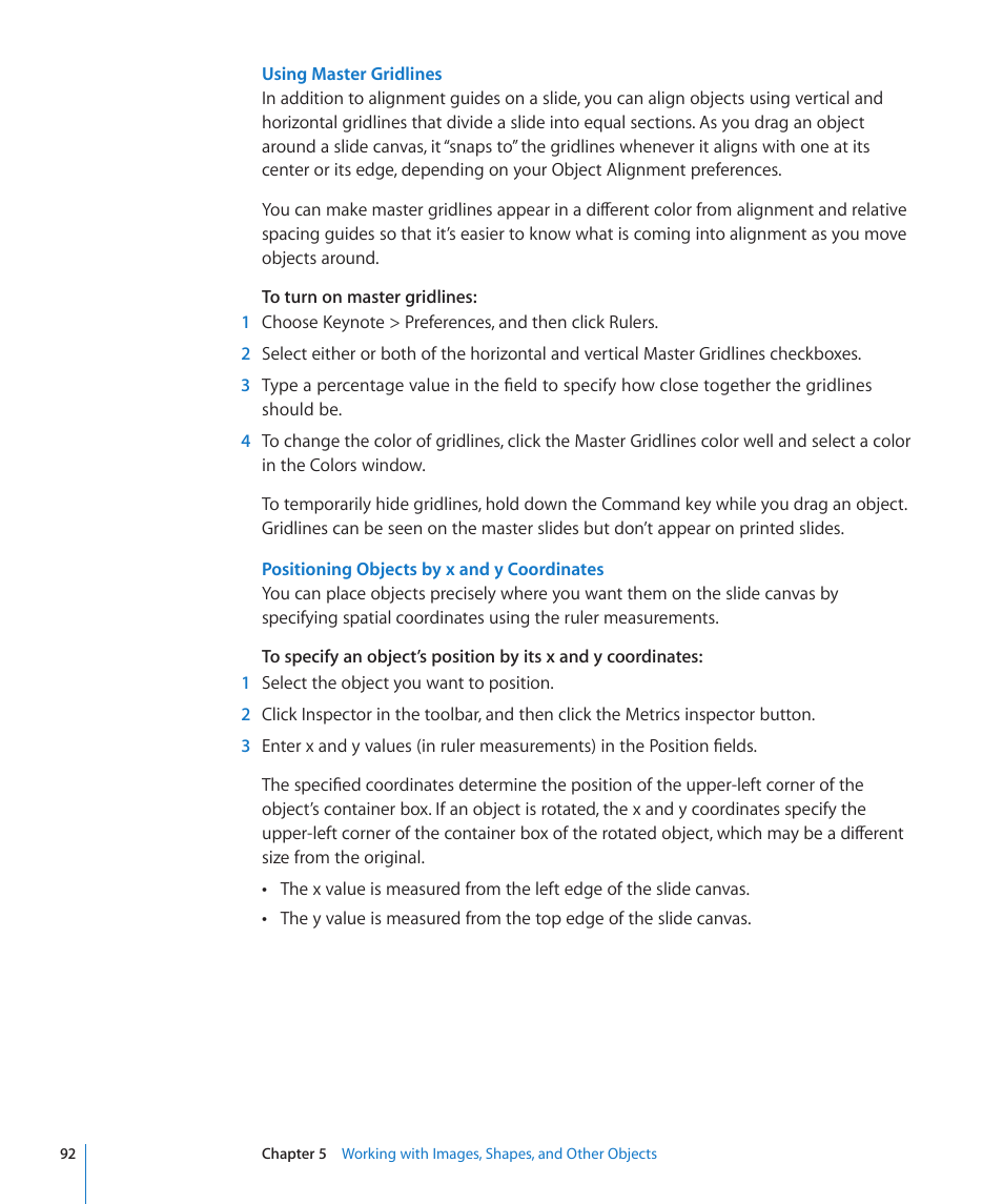 Using master gridlines, Positioning objects by x and y coordinates | Apple Keynote '09 User Manual | Page 92 / 247