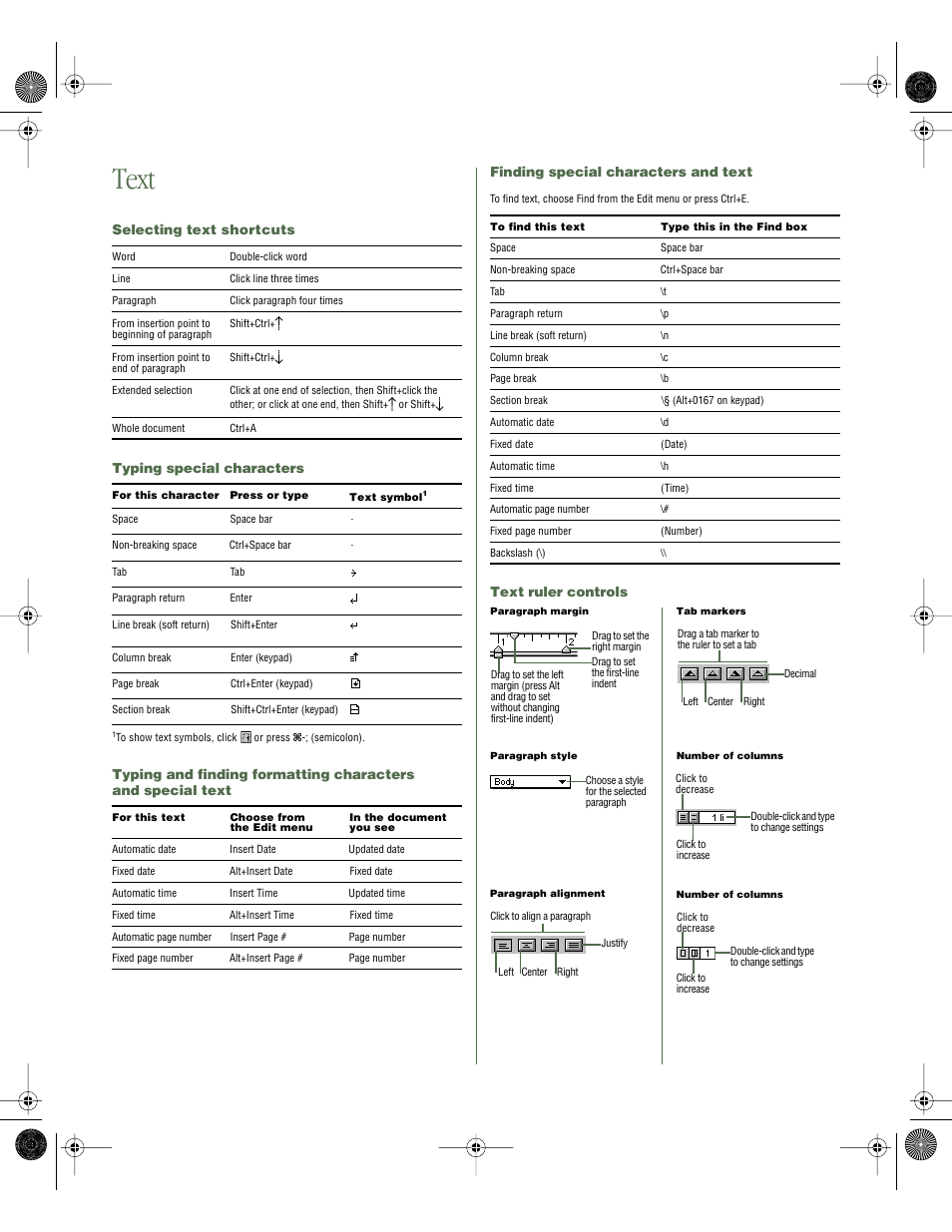 Text, Selecting text shortcuts, Typing special characters | Finding special characters and text, Text ruler controls | Apple AppleWorks 5 Quick Reference: Windows 95/NT 4.0 User Manual | Page 2 / 4