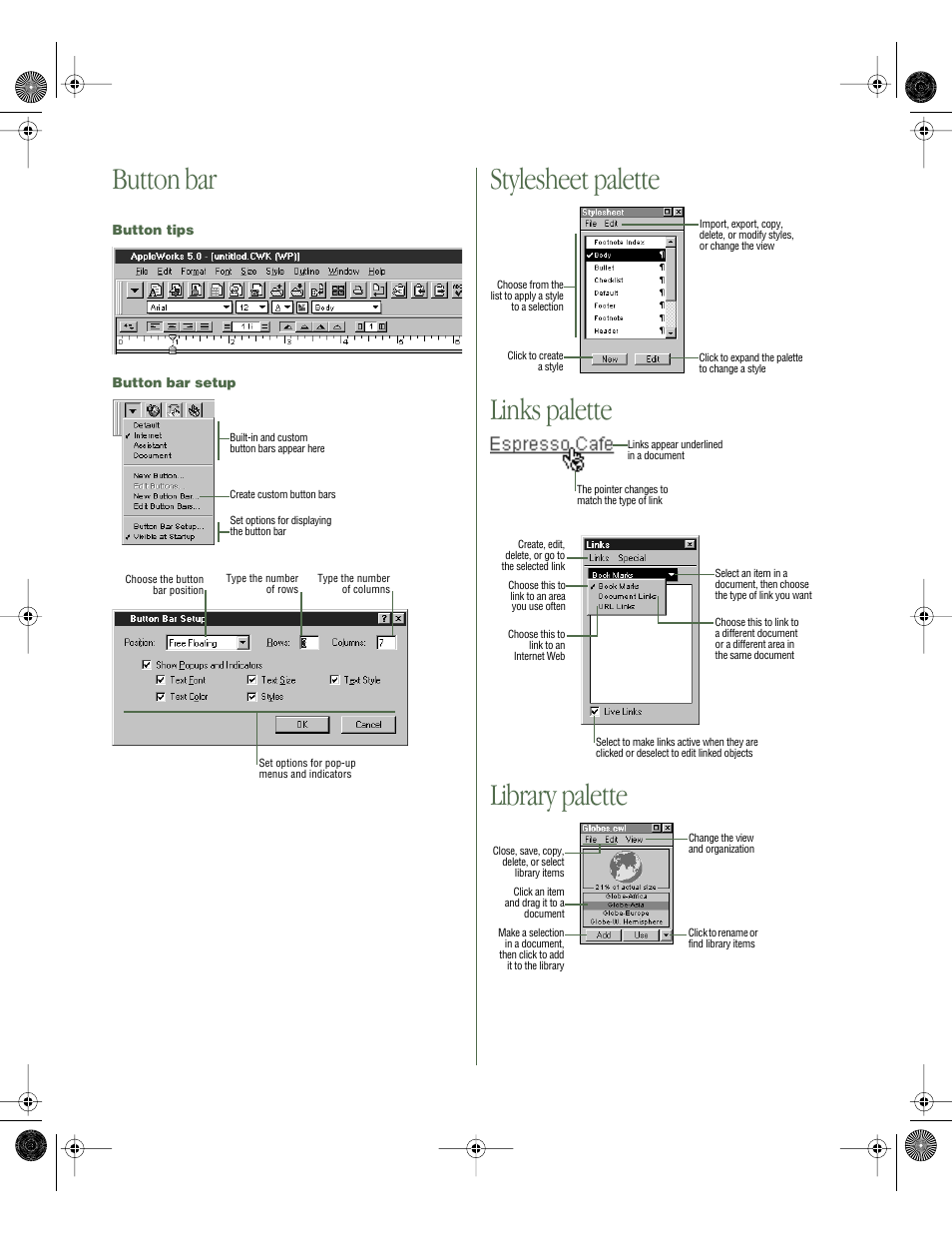 Button bar, Button tips, Button bar setup | Stylesheet palette, Links palette, Library palette, Stylesheet palette links palette library palette | Apple AppleWorks 5 Quick Reference: Windows 95/NT 4.0 User Manual | Page 3 / 4