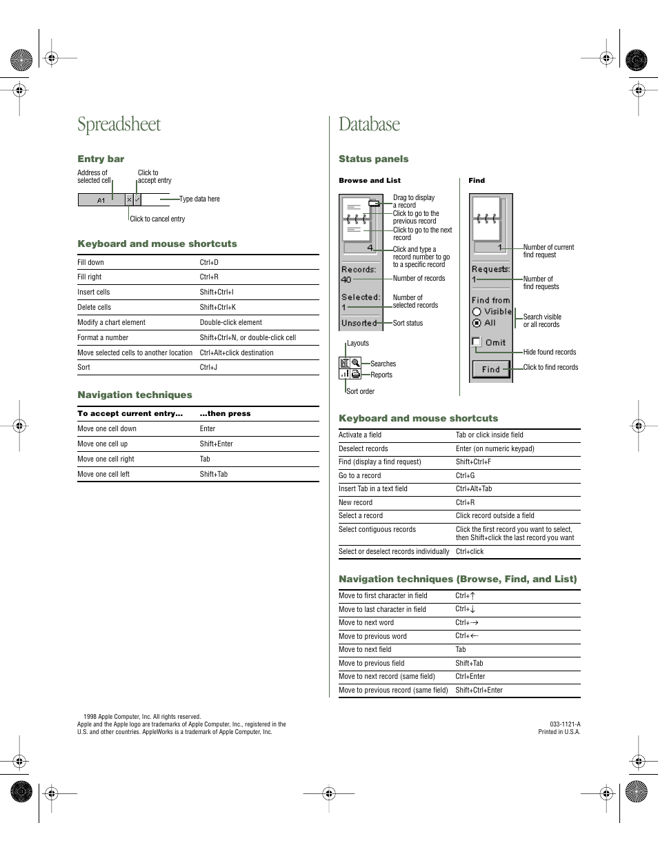 Spreadsheet, Entry bar, Keyboard and mouse shortcuts | Navigation techniques, Database, Status panels, Navigation techniques (browse, find, and list) | Apple AppleWorks 5 Quick Reference: Windows 95/NT 4.0 User Manual | Page 4 / 4