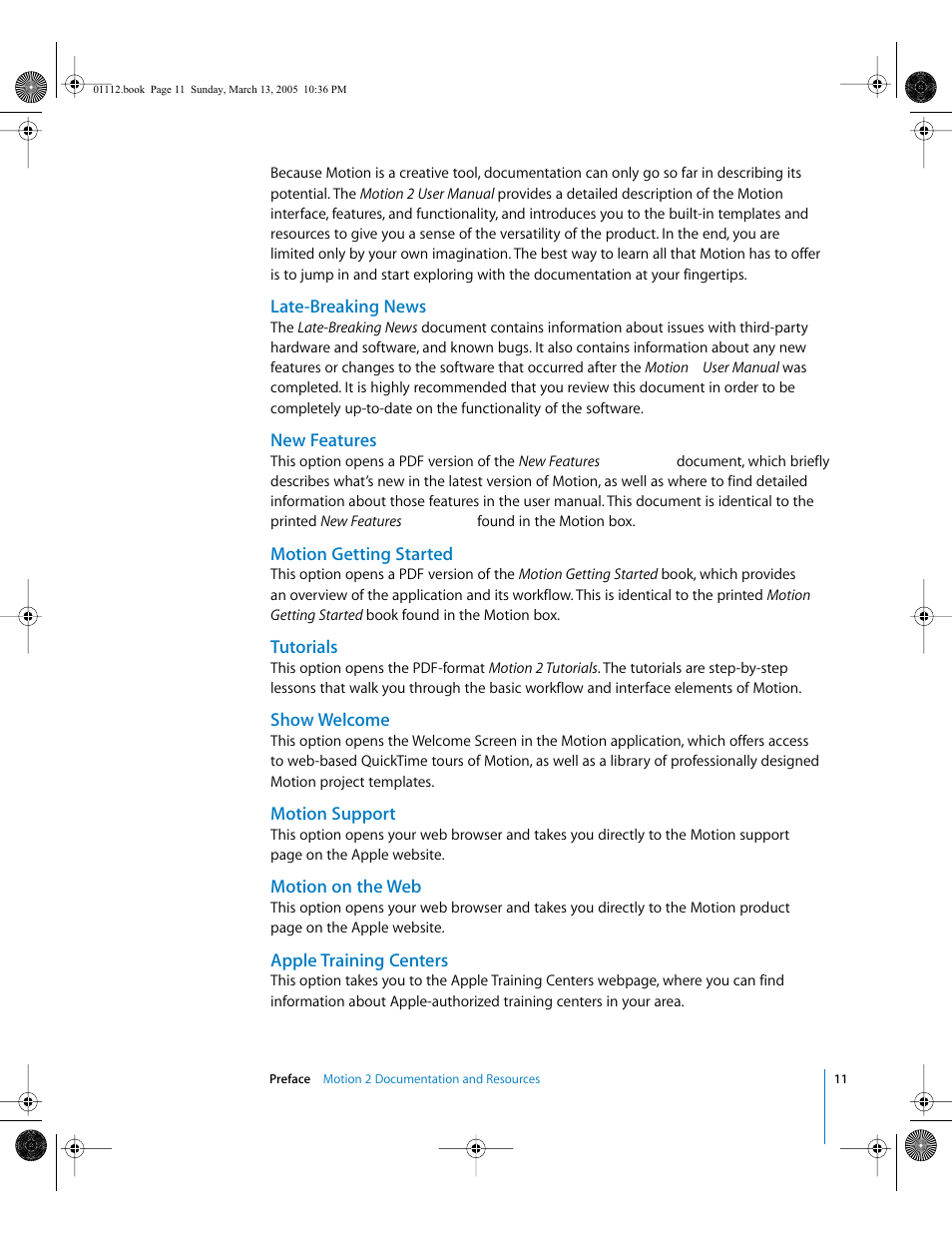 Late-breaking news, New features, Motion getting started | Tutorials, Show welcome, Motion support, Motion on the web, Apple training centers | Apple Motion 2 User Manual | Page 11 / 999