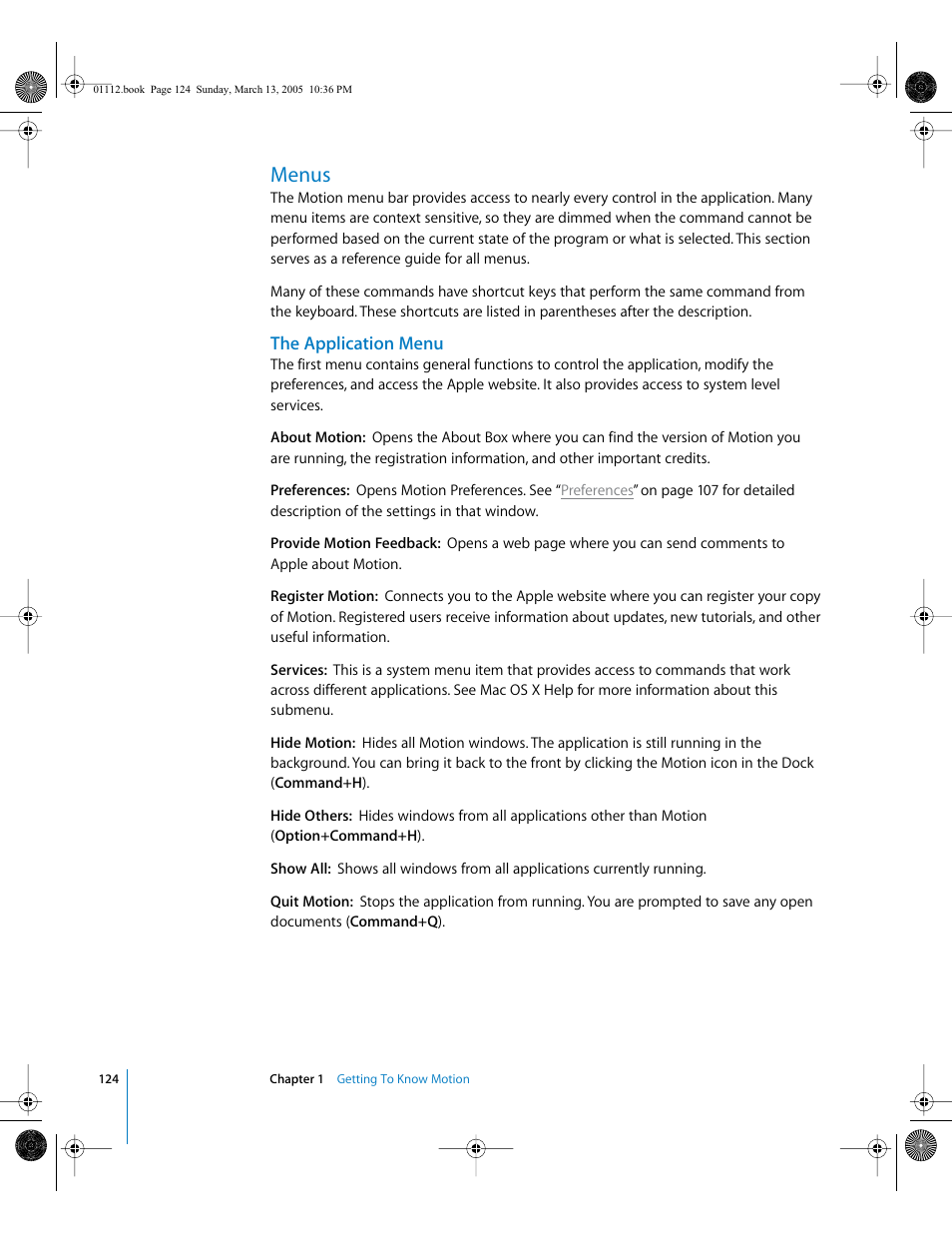 Menus, The application menu | Apple Motion 2 User Manual | Page 124 / 999