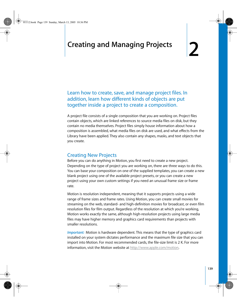 Creating and managing projects, Creating new projects, Chapter | Apple Motion 2 User Manual | Page 139 / 999