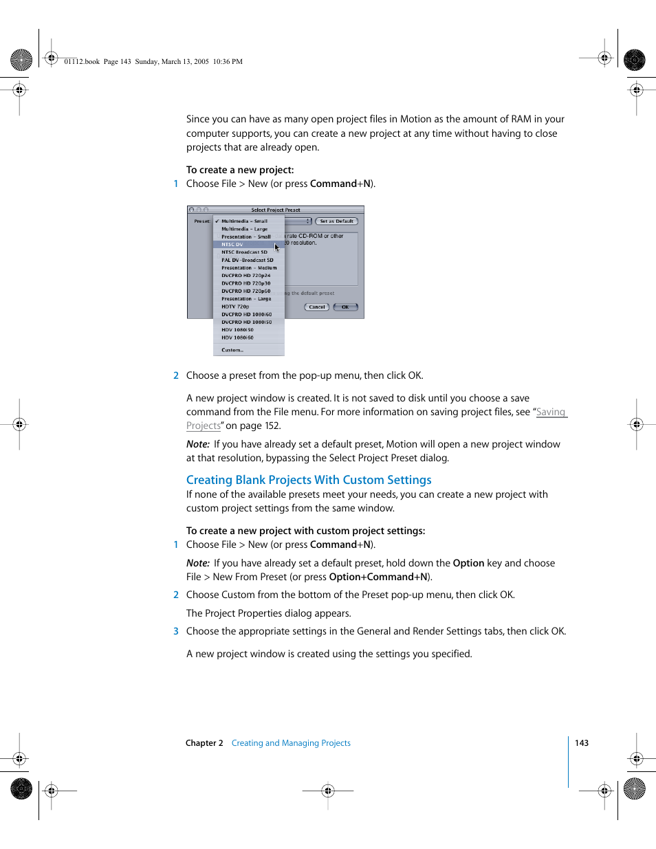 Creating blank projects with custom settings | Apple Motion 2 User Manual | Page 143 / 999