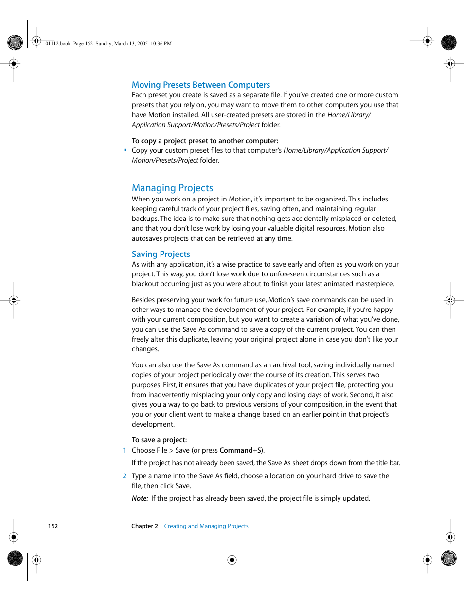 Moving presets between computers, Managing projects, Saving projects | Saving, Projects | Apple Motion 2 User Manual | Page 152 / 999