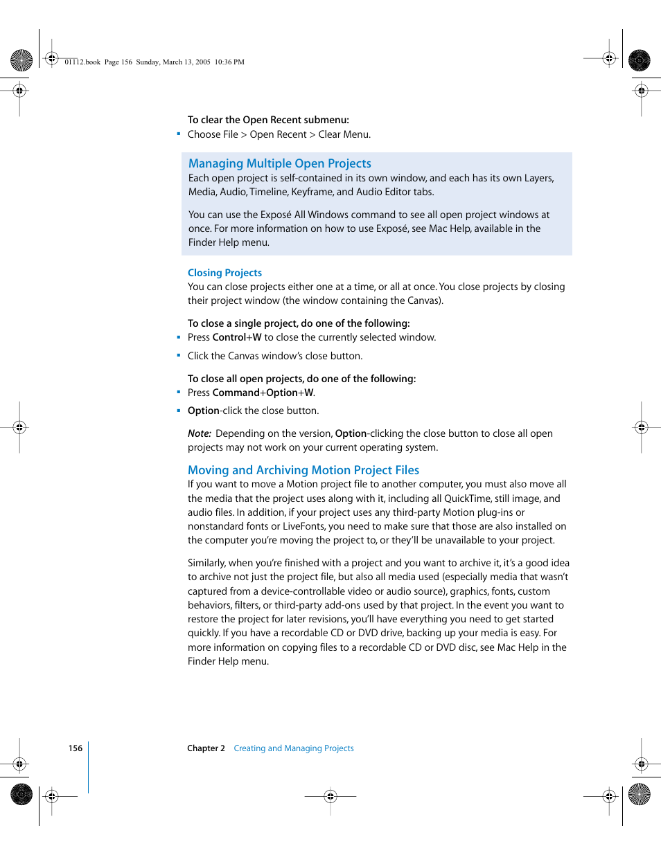 Managing multiple open projects, Moving and archiving motion project files | Apple Motion 2 User Manual | Page 156 / 999