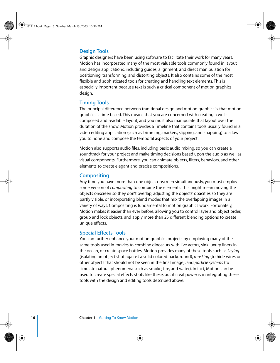 Design tools, Timing tools, Compositing | Special effects tools | Apple Motion 2 User Manual | Page 16 / 999
