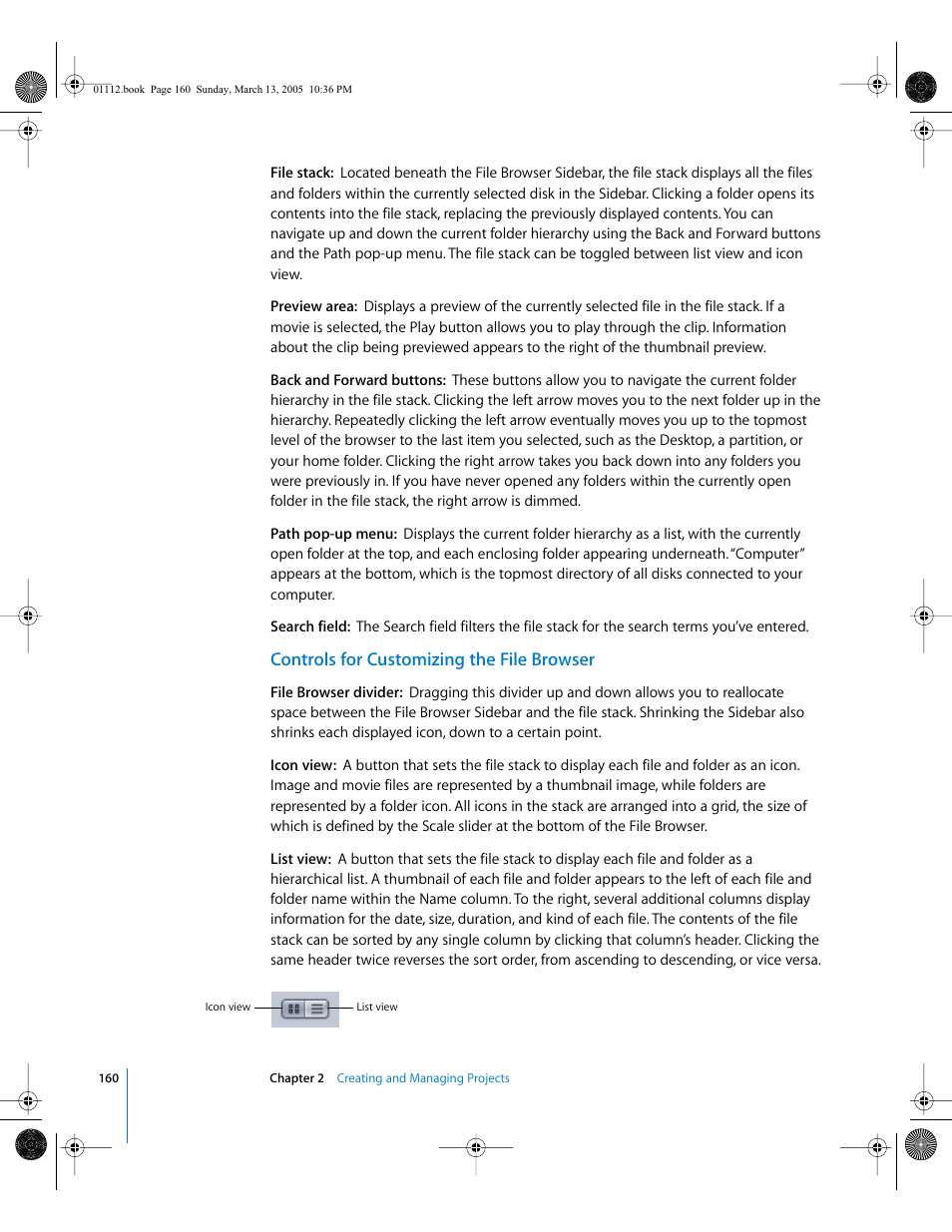 Controls for customizing the file browser | Apple Motion 2 User Manual | Page 160 / 999