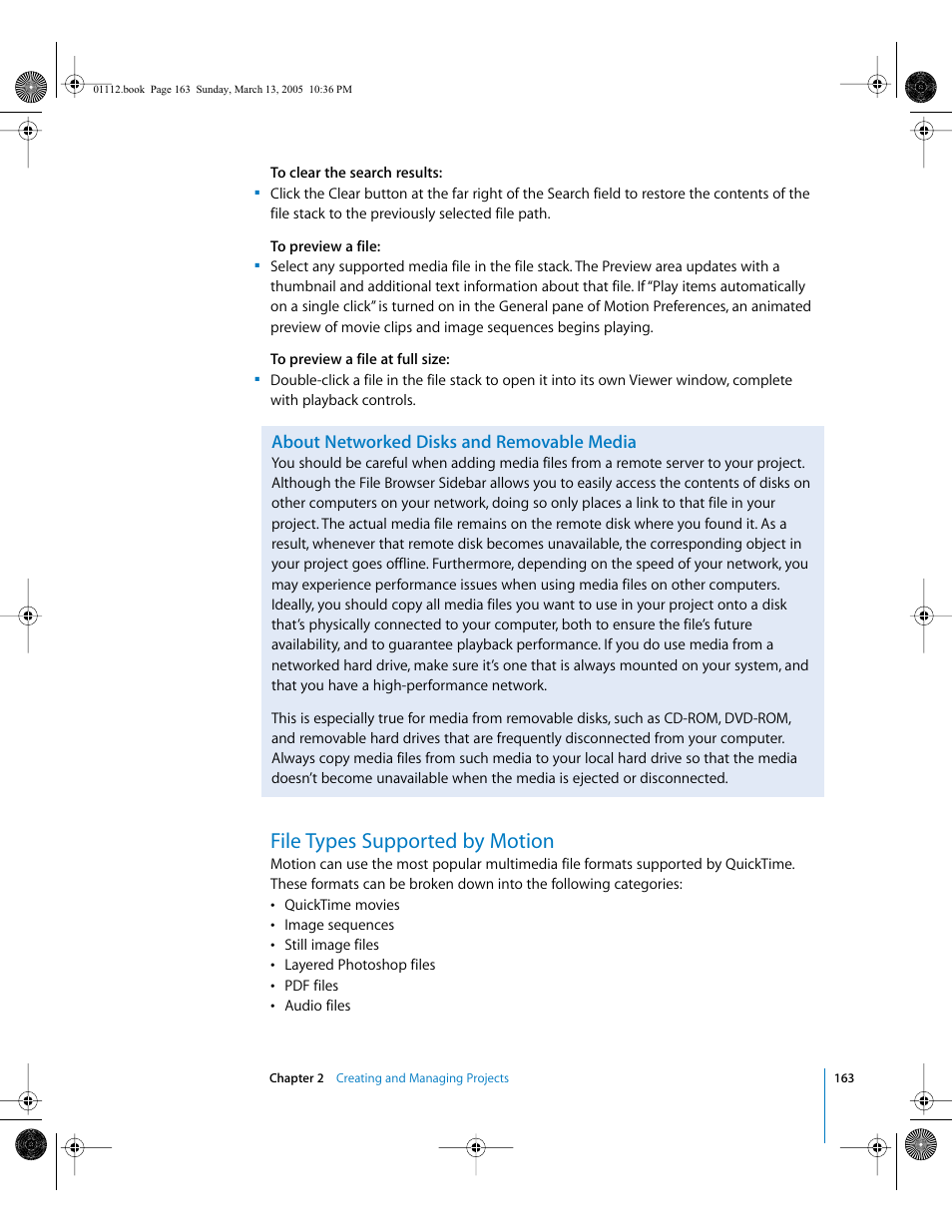 About networked disks and removable media, File types supported by motion | Apple Motion 2 User Manual | Page 163 / 999