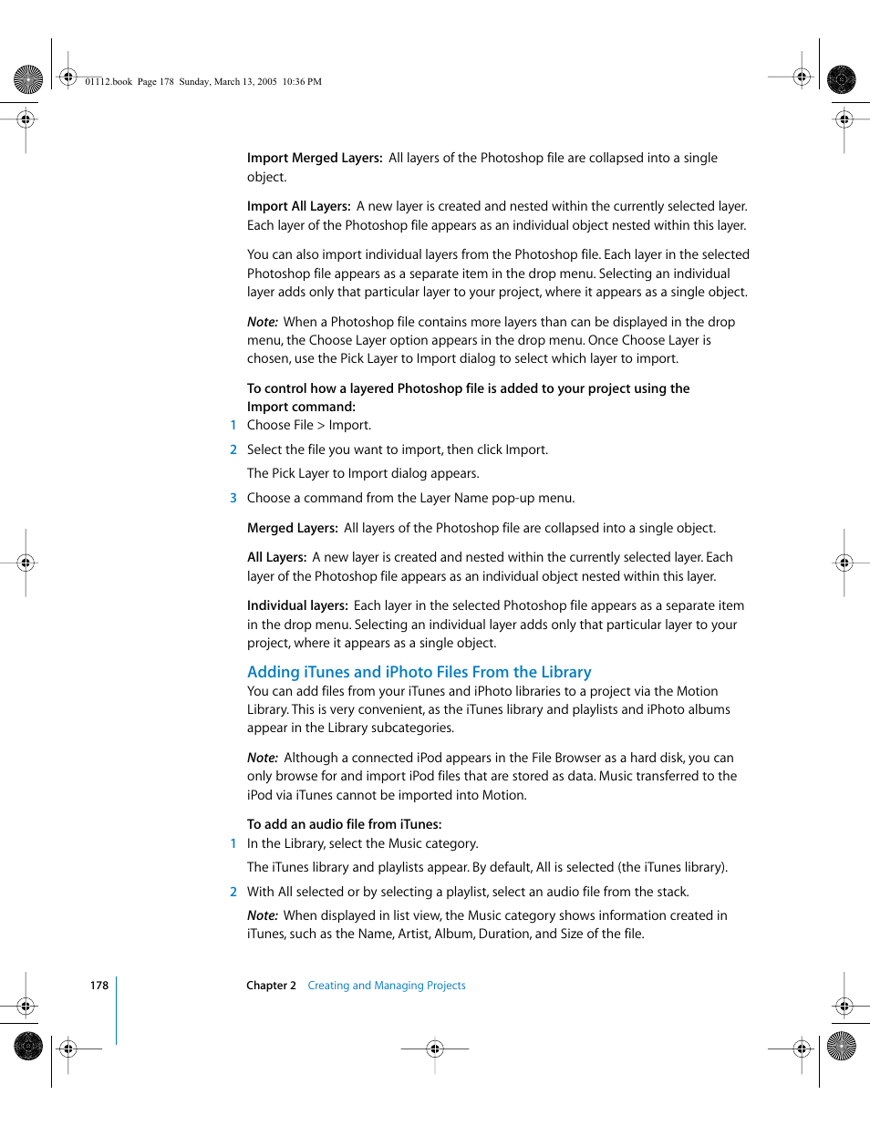 Adding itunes and iphoto files from the library, Adding itunes and, Iphoto files from the library | Apple Motion 2 User Manual | Page 178 / 999