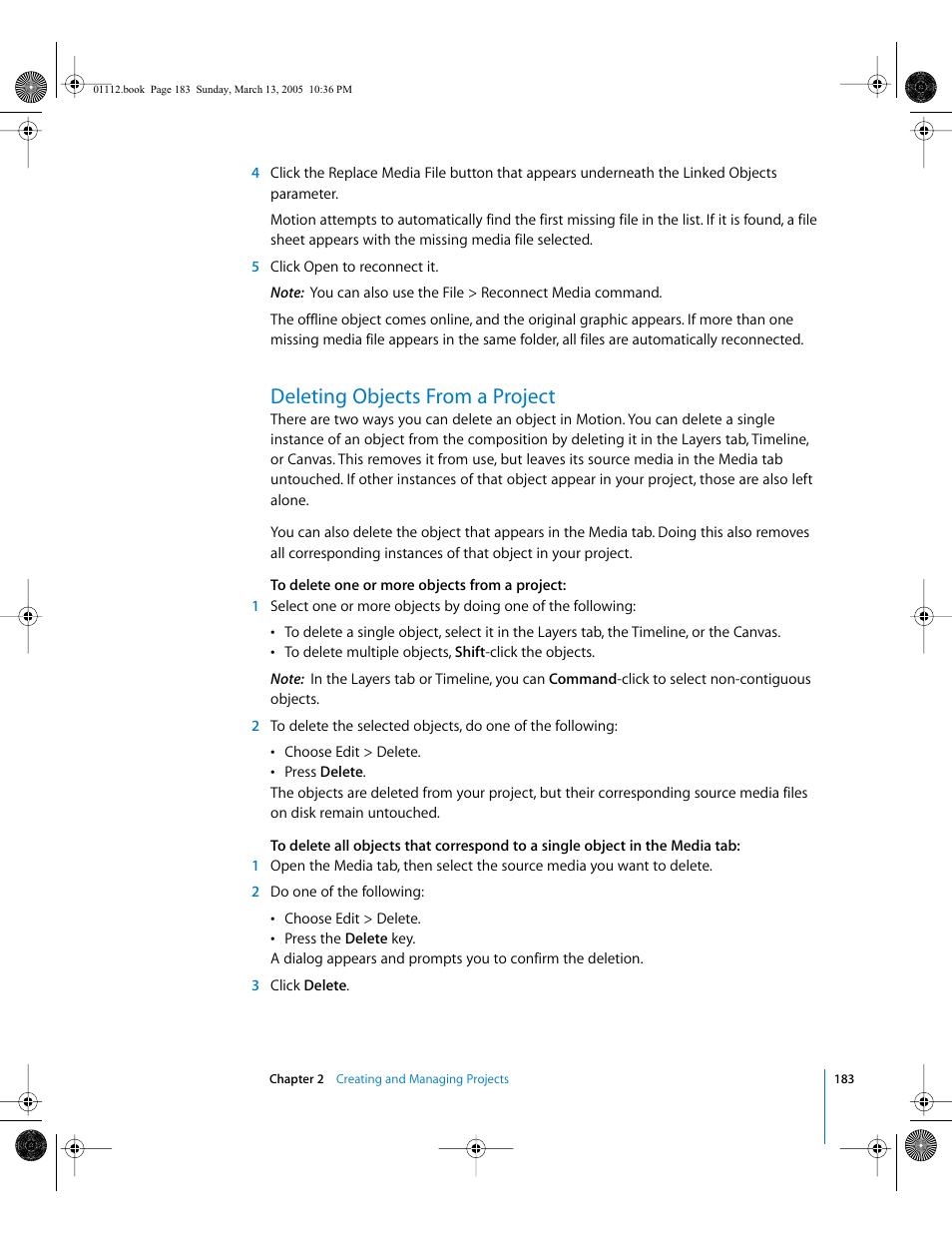Deleting objects from a project | Apple Motion 2 User Manual | Page 183 / 999