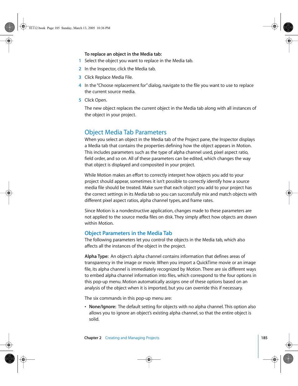 Object media tab parameters, Object parameters in the media tab, Object media tab | Parameters | Apple Motion 2 User Manual | Page 185 / 999