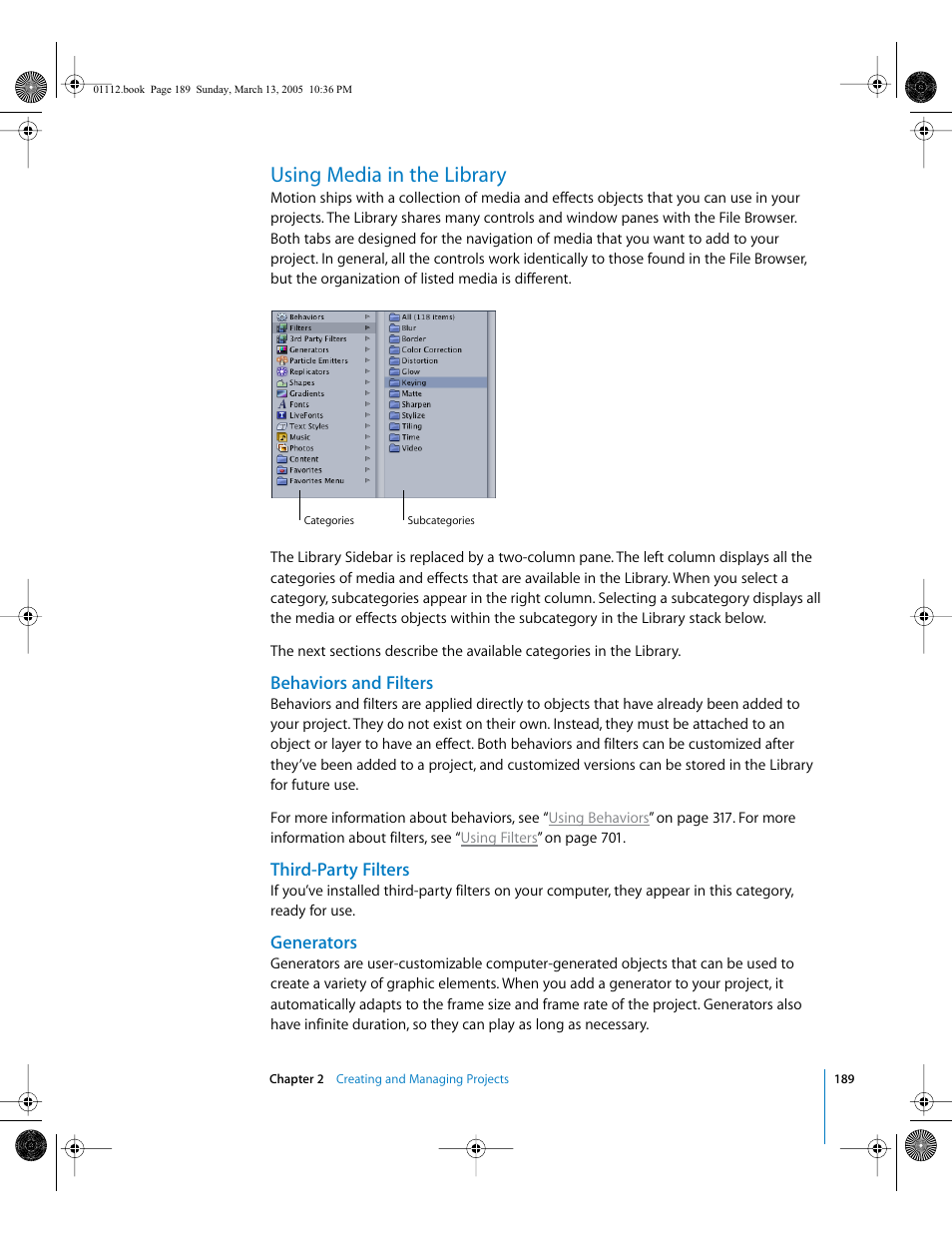 Using media in the library, Behaviors and filters, Third-party filters | Generators | Apple Motion 2 User Manual | Page 189 / 999