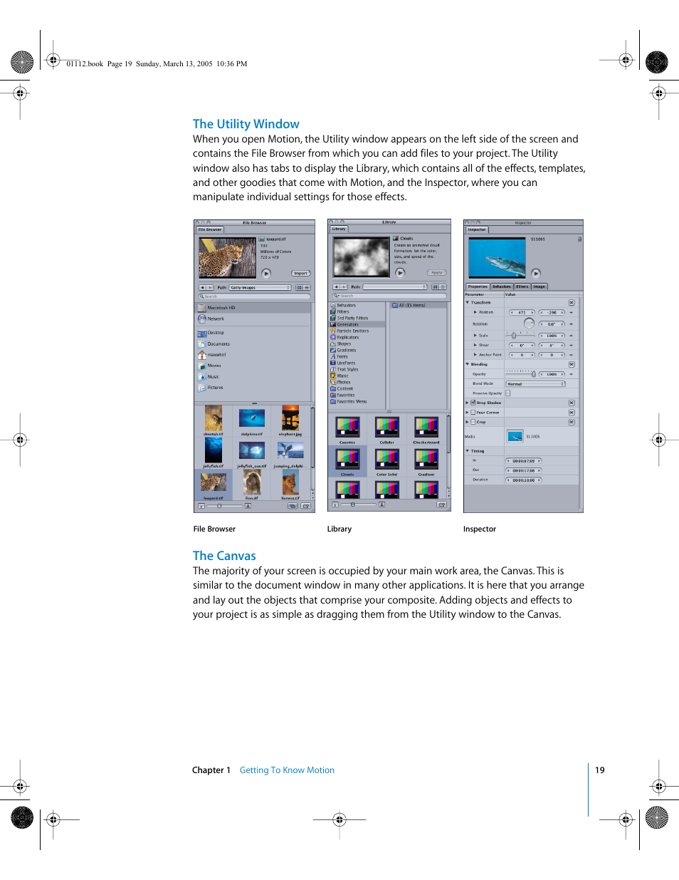 The utility window, The canvas | Apple Motion 2 User Manual | Page 19 / 999