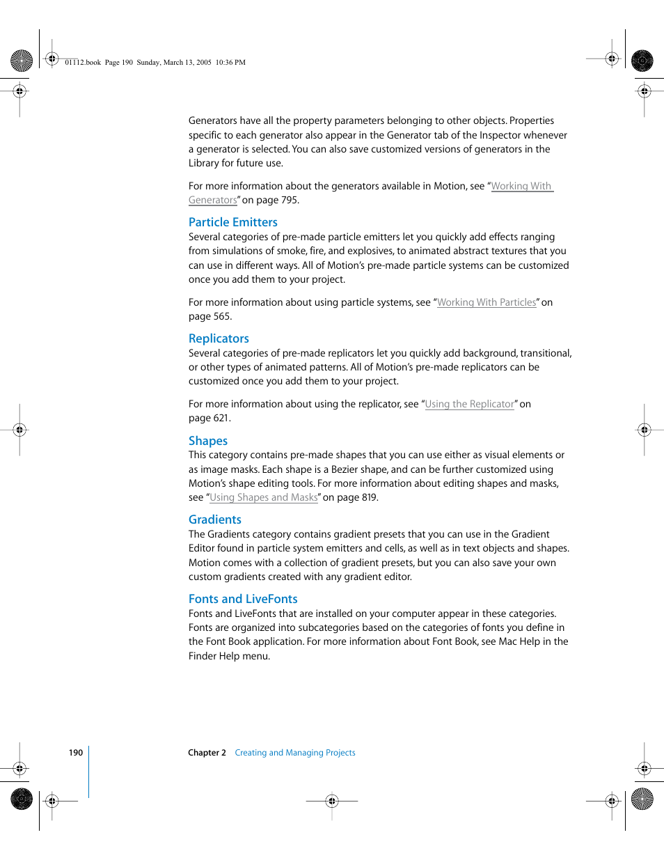 Particle emitters, Replicators, Shapes | Gradients, Fonts and livefonts | Apple Motion 2 User Manual | Page 190 / 999