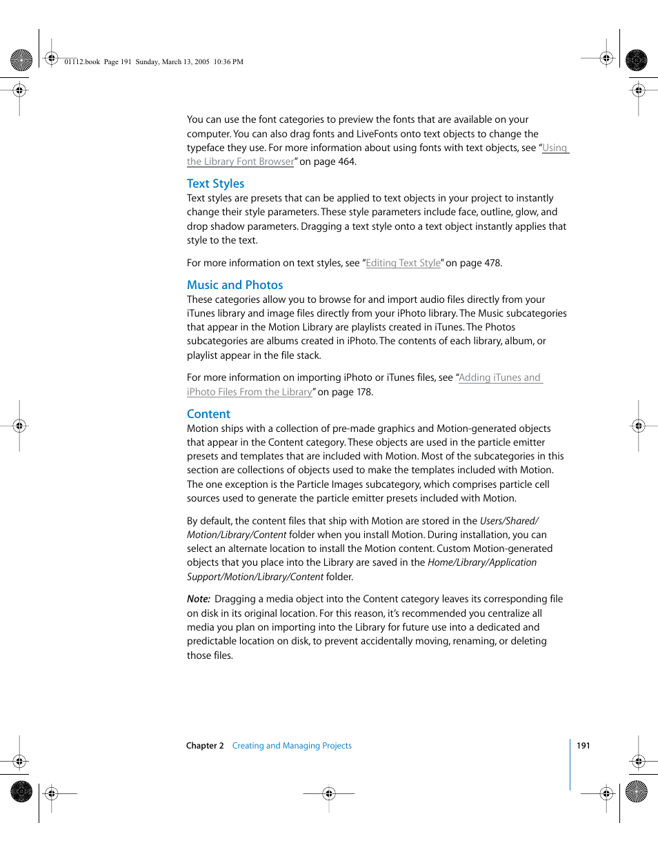 Text styles, Music and photos, Content | Apple Motion 2 User Manual | Page 191 / 999