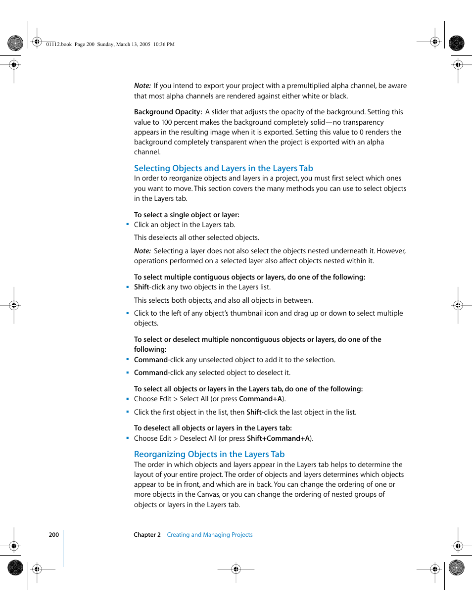 Selecting objects and layers in the layers tab, Reorganizing objects in the layers tab | Apple Motion 2 User Manual | Page 200 / 999