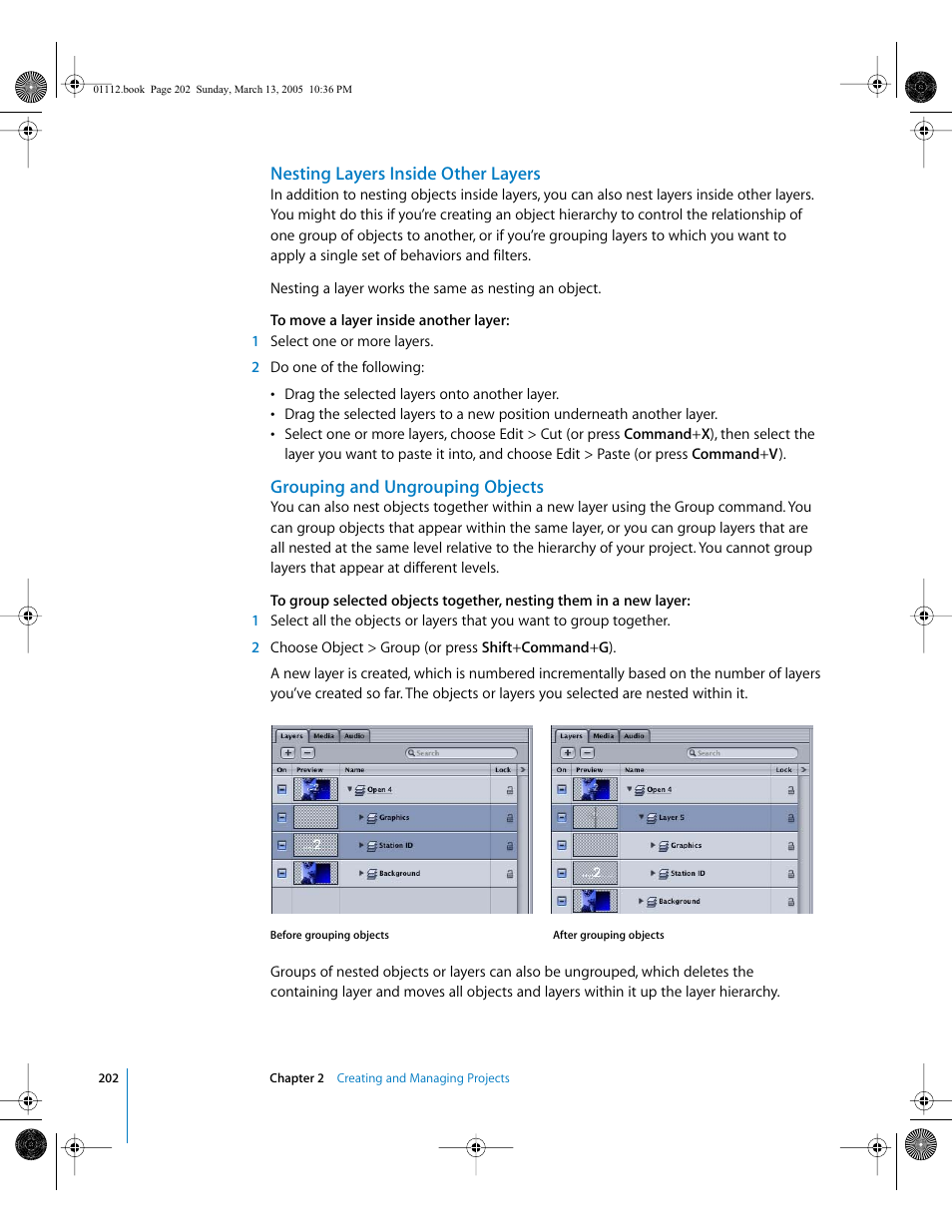 Nesting layers inside other layers, Grouping and ungrouping objects | Apple Motion 2 User Manual | Page 202 / 999