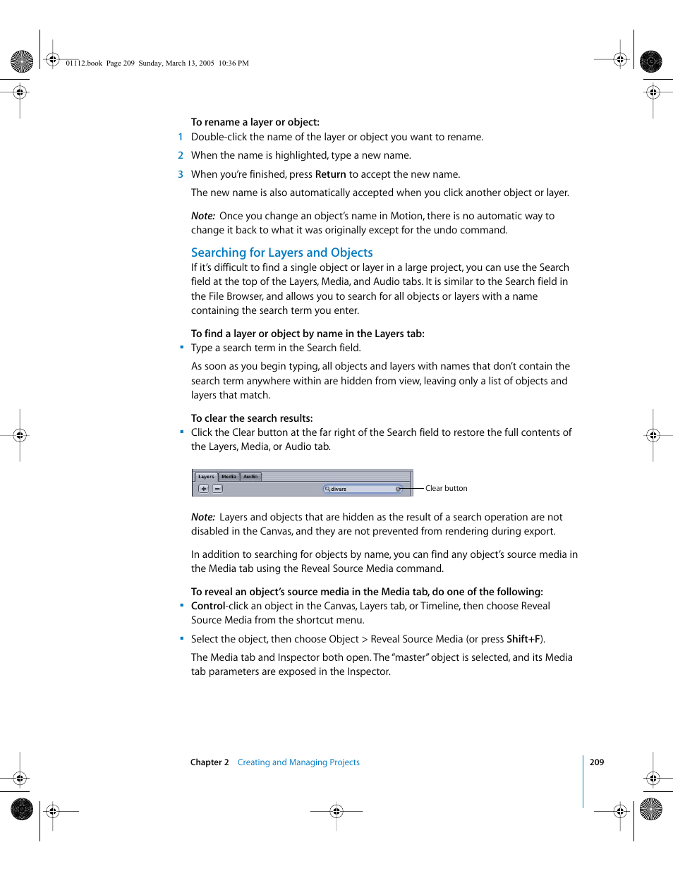 Searching for layers and objects | Apple Motion 2 User Manual | Page 209 / 999