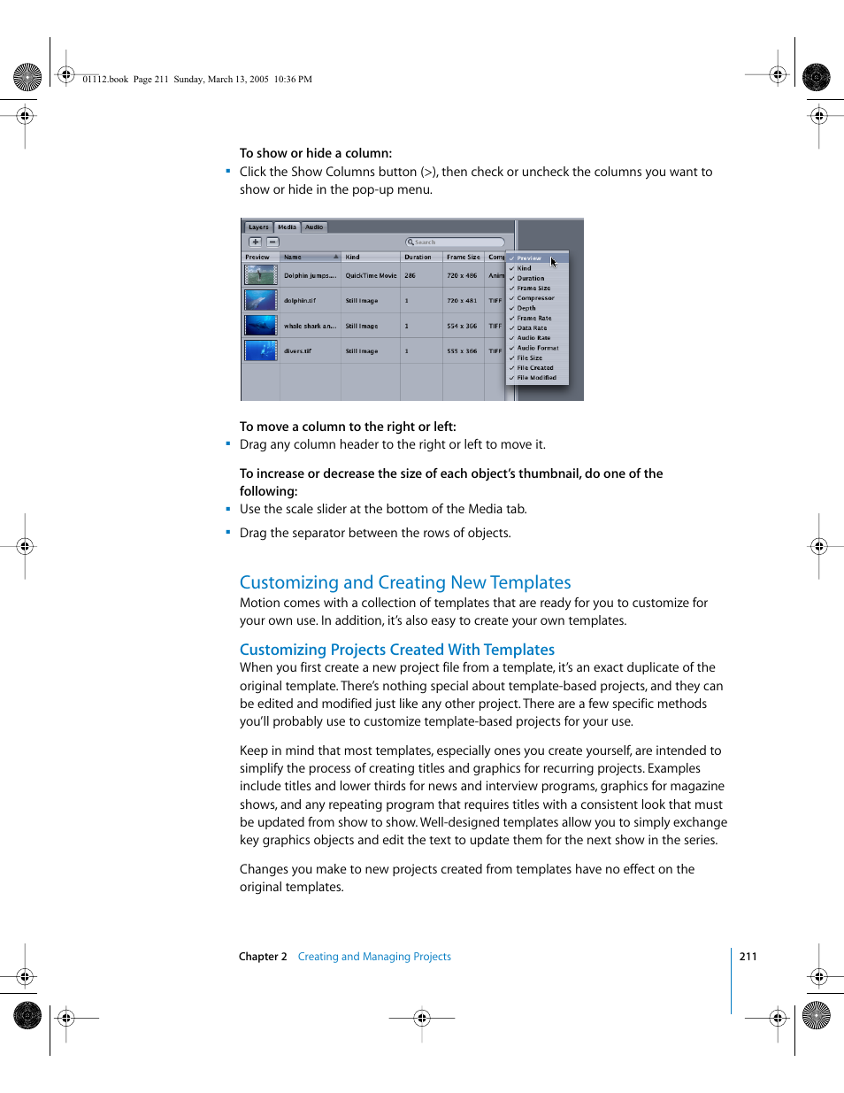 Customizing and creating new templates, Customizing projects created with templates | Apple Motion 2 User Manual | Page 211 / 999