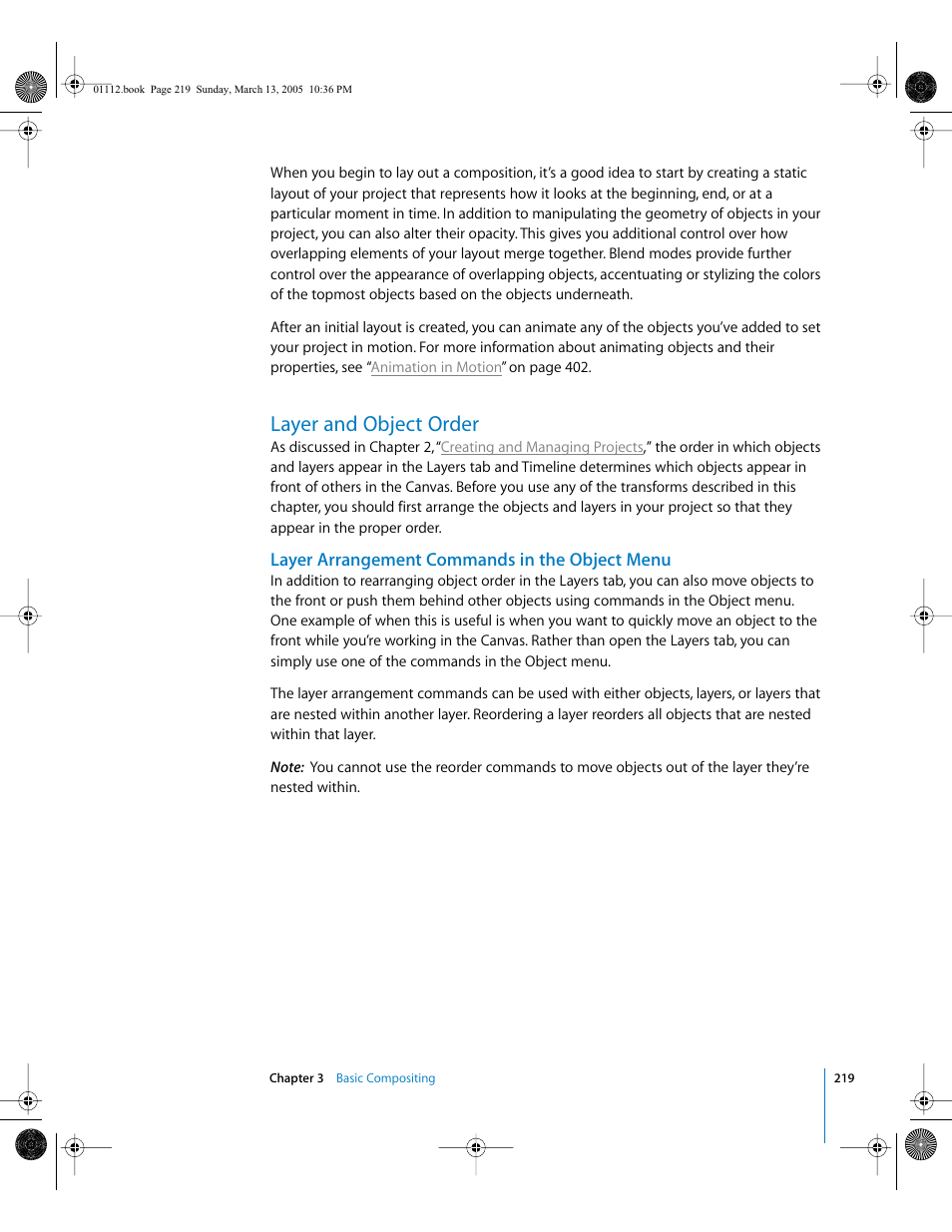 Layer and object order, Layer arrangement commands in the object menu | Apple Motion 2 User Manual | Page 219 / 999