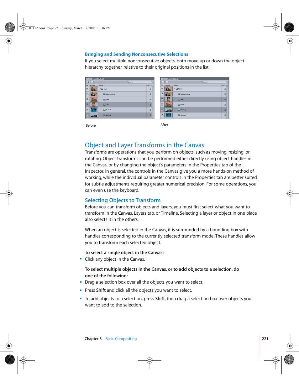 Object and layer transforms in the canvas, Selecting objects to transform | Apple Motion 2 User Manual | Page 221 / 999