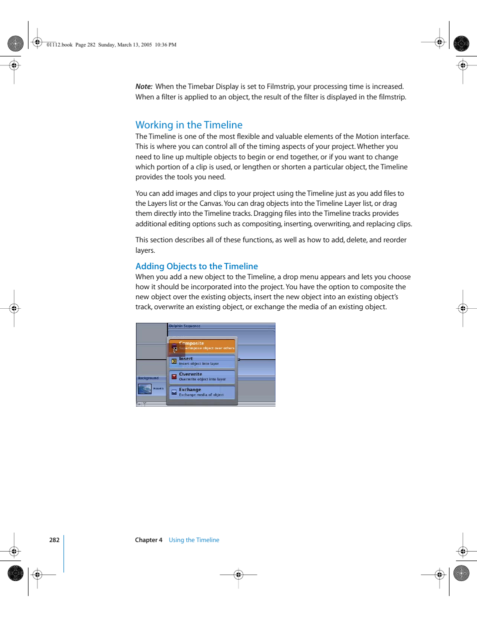 Working in the timeline, Adding objects to the timeline | Apple Motion 2 User Manual | Page 282 / 999