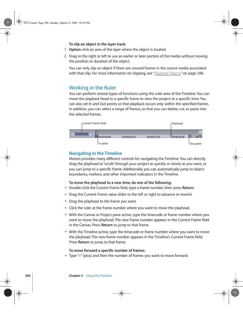 Working in the ruler, Navigating in the timeline | Apple Motion 2 User Manual | Page 306 / 999