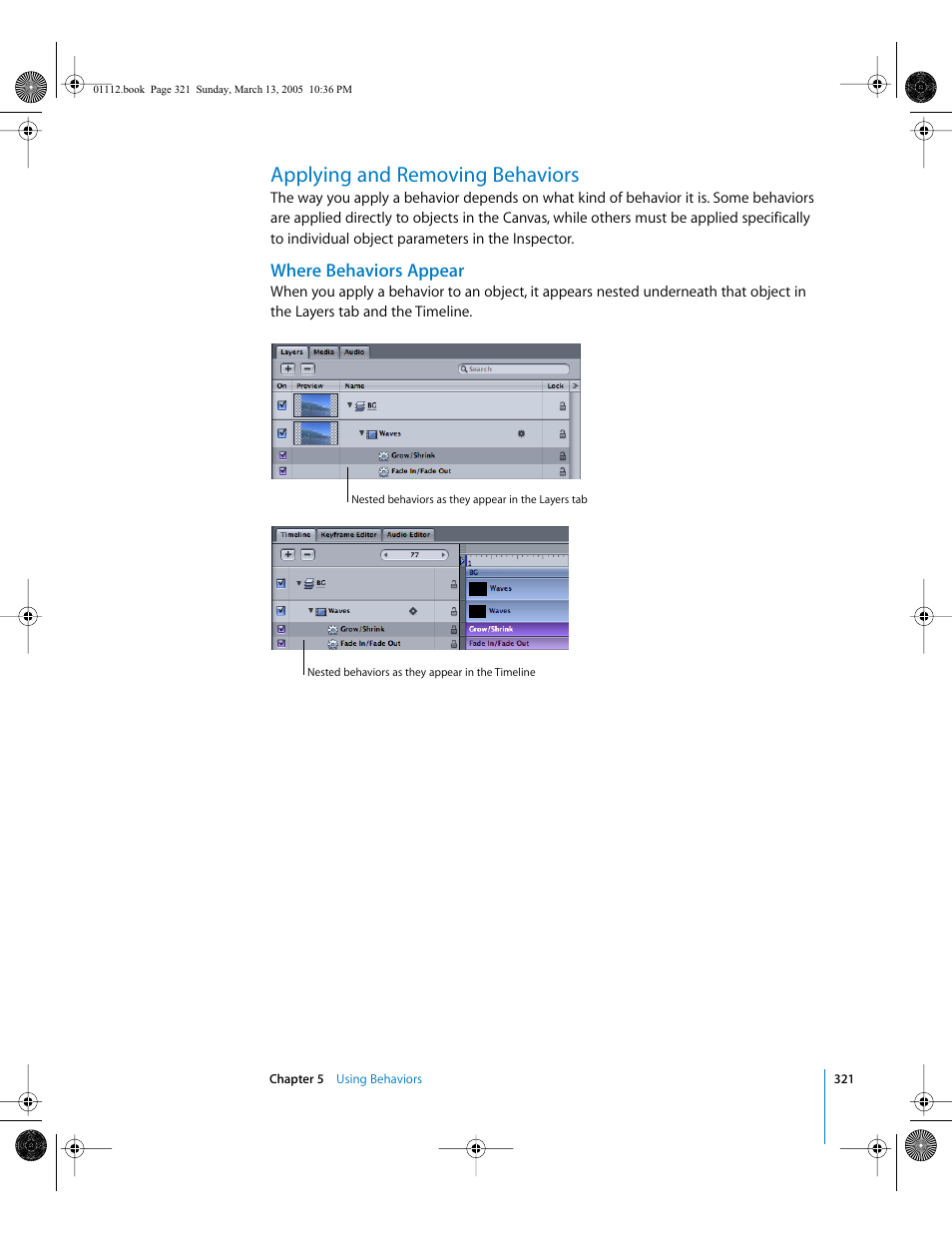 Applying and removing behaviors, Where behaviors appear | Apple Motion 2 User Manual | Page 321 / 999