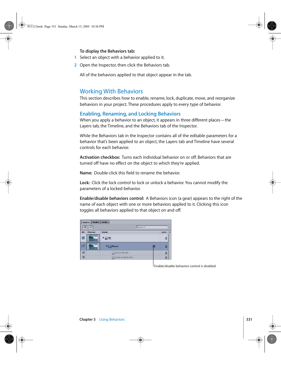 Working with behaviors, Enabling, renaming, and locking behaviors | Apple Motion 2 User Manual | Page 331 / 999