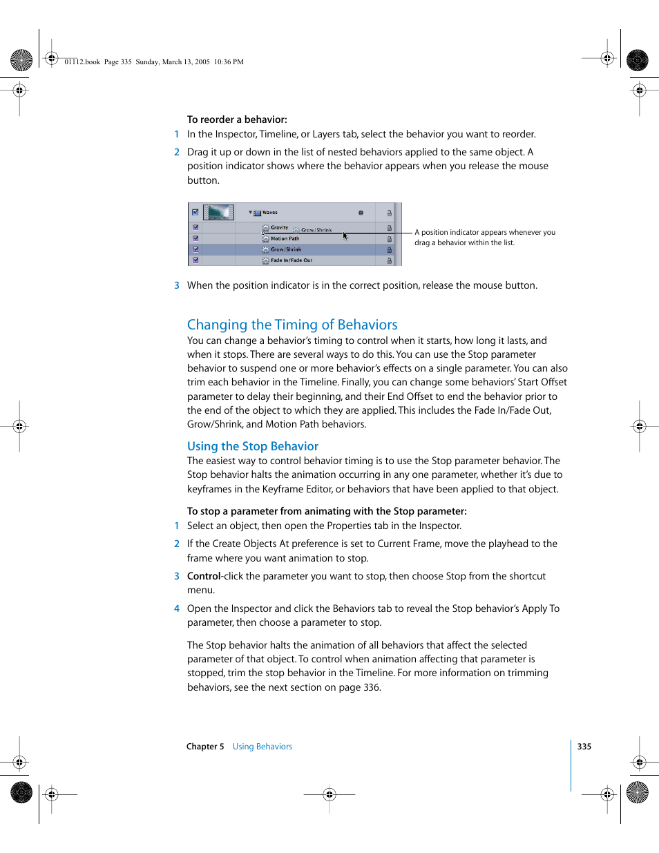 Changing the timing of behaviors, Using the stop behavior | Apple Motion 2 User Manual | Page 335 / 999