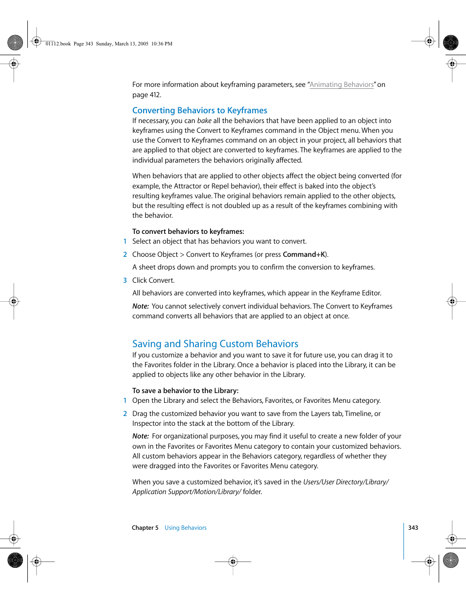 Converting behaviors to keyframes, Saving and sharing custom behaviors, Converting | Behaviors to keyframes | Apple Motion 2 User Manual | Page 343 / 999