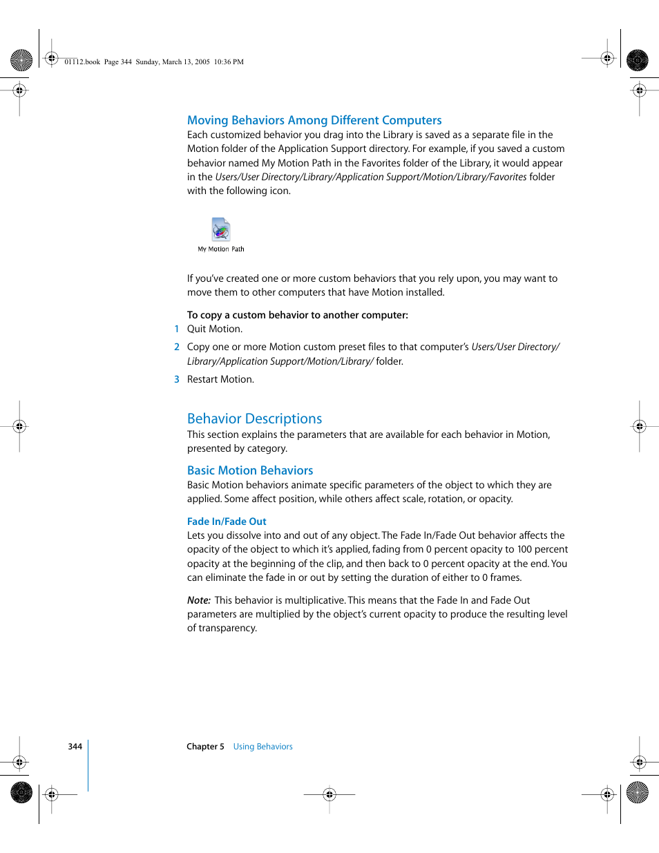 Moving behaviors among different computers, Behavior descriptions, Basic motion behaviors | Apple Motion 2 User Manual | Page 344 / 999