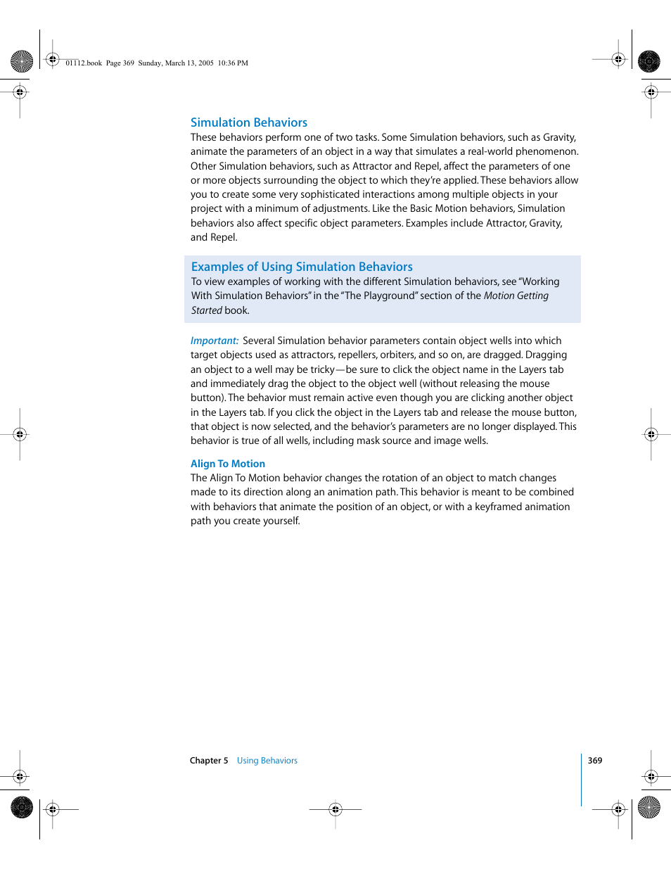 Simulation behaviors, Examples of using simulation behaviors, Align to motion | Apple Motion 2 User Manual | Page 369 / 999