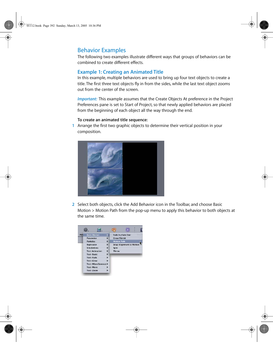 Behavior examples, Example 1: creating an animated title | Apple Motion 2 User Manual | Page 392 / 999