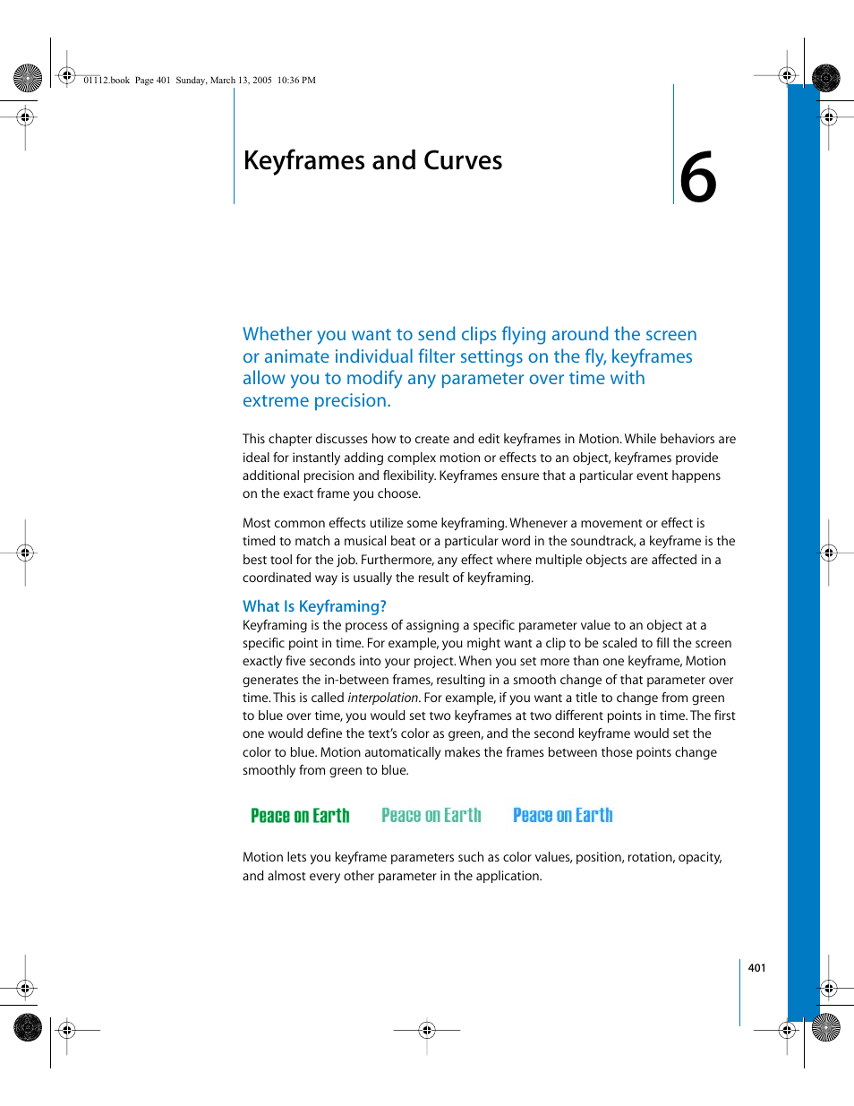 Keyframes and curves, What is keyframing, Chapter | See chapter 6 | Apple Motion 2 User Manual | Page 401 / 999