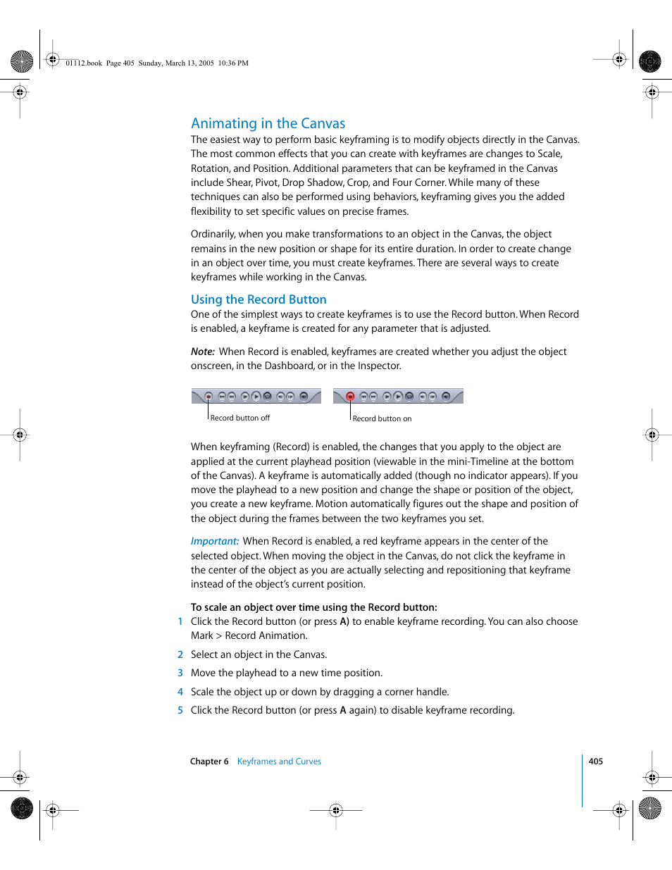 Animating in the canvas, Using the record button | Apple Motion 2 User Manual | Page 405 / 999