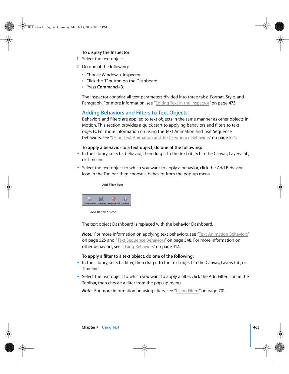 Adding behaviors and filters to text objects | Apple Motion 2 User Manual | Page 463 / 999