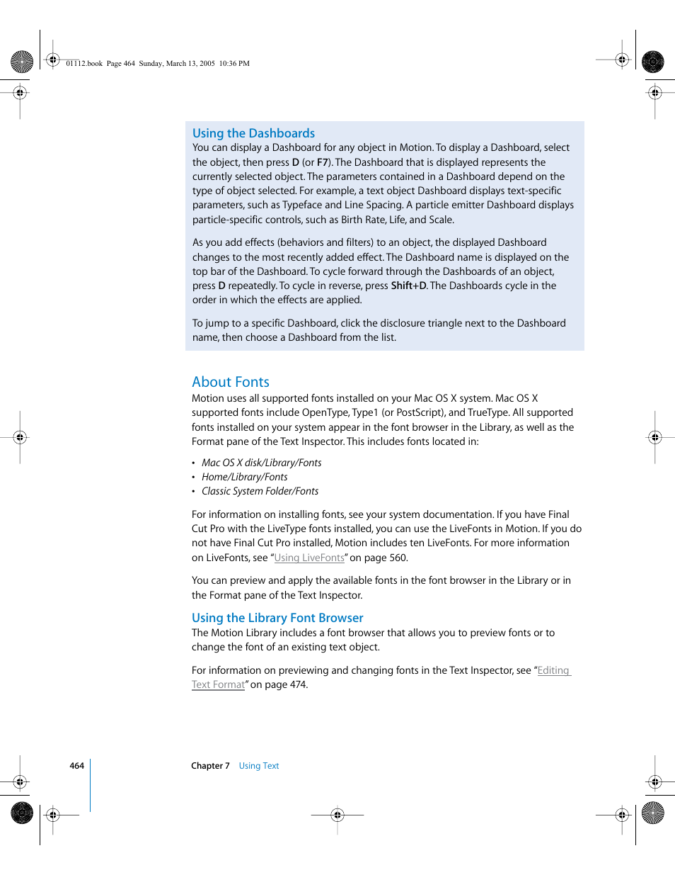 Using the dashboards, About fonts, Using the library font browser | Using, The library font browser | Apple Motion 2 User Manual | Page 464 / 999