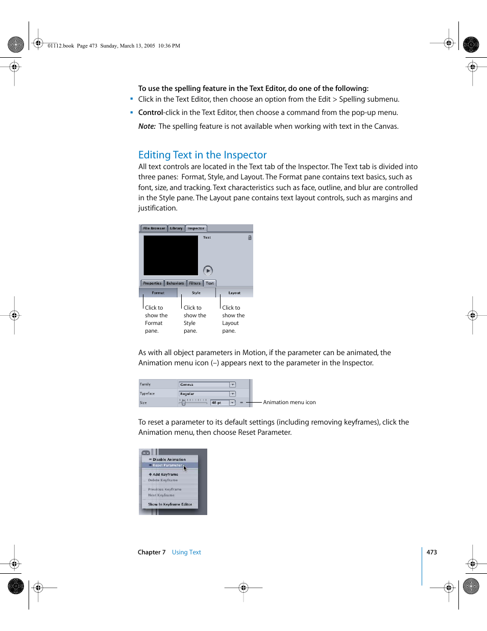 Editing text in the inspector | Apple Motion 2 User Manual | Page 473 / 999